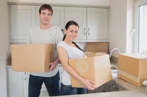 Boxes and furniture prepared for transport by removals van